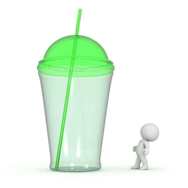 3D Character Looking Up at a Very Large Green Cup with Straw — 스톡 사진