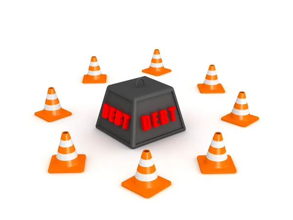 3D Debt Weight Surrounded by Orange Cones — стокове фото