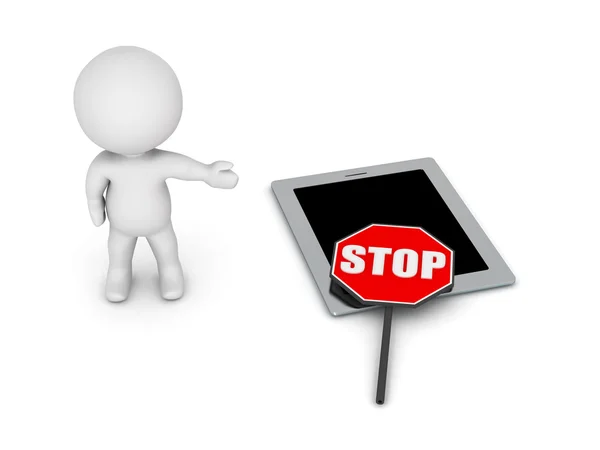 Carattere 3D che mostra Stop Sign Over Tablet — Foto Stock