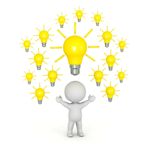 3D Character with Many Light Bulbs Above His Head — Stock Photo, Image