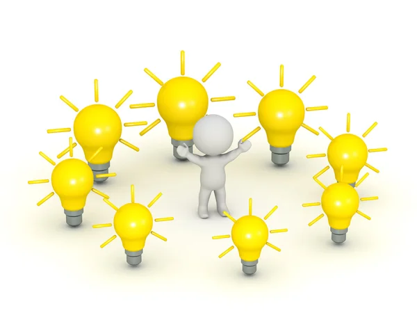 3D Character Surrounded by Light Bulb Ideas — Stock Photo, Image