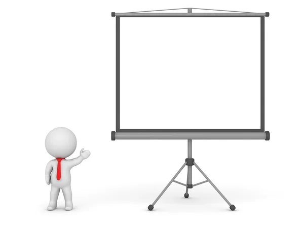 3D Character Wearing Red Tie Showing Large Projector Screen — Stock Photo, Image