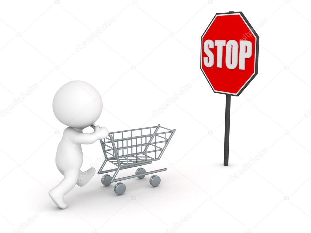 3D Character with Shopping Cart and Stop Sign - Stop Compulsive
