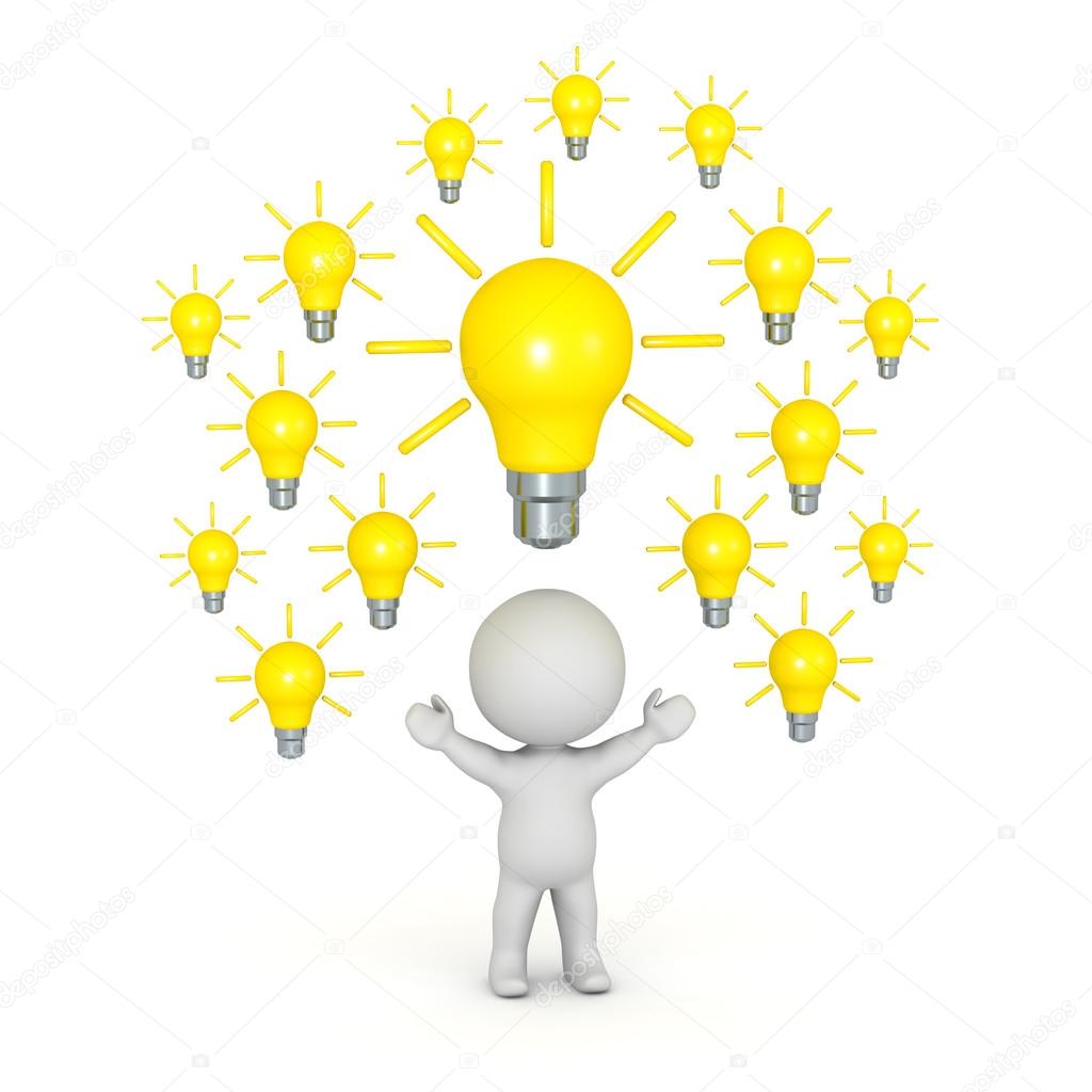 3D Character with Many Light Bulbs Above His Head