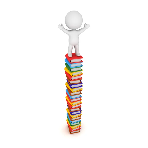 3D персонаж, стоящий с поднятыми руками на высокой стопке книг — стоковое фото