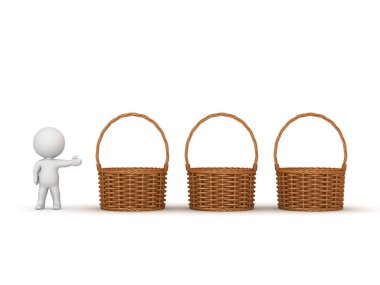3D Character Showing Three Empty Wicker Weaved Baskets clipart