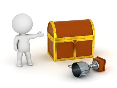 3D karakter gösteren hazine sandığı ve gümüş kupa