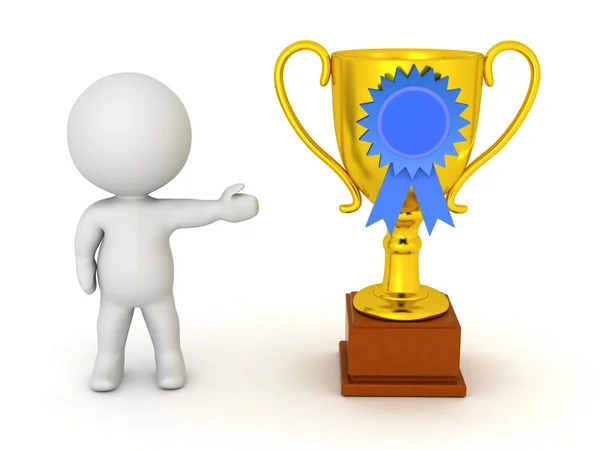 3D Character Showing Golden Trophy with Blue Ribbon — Stock Photo, Image