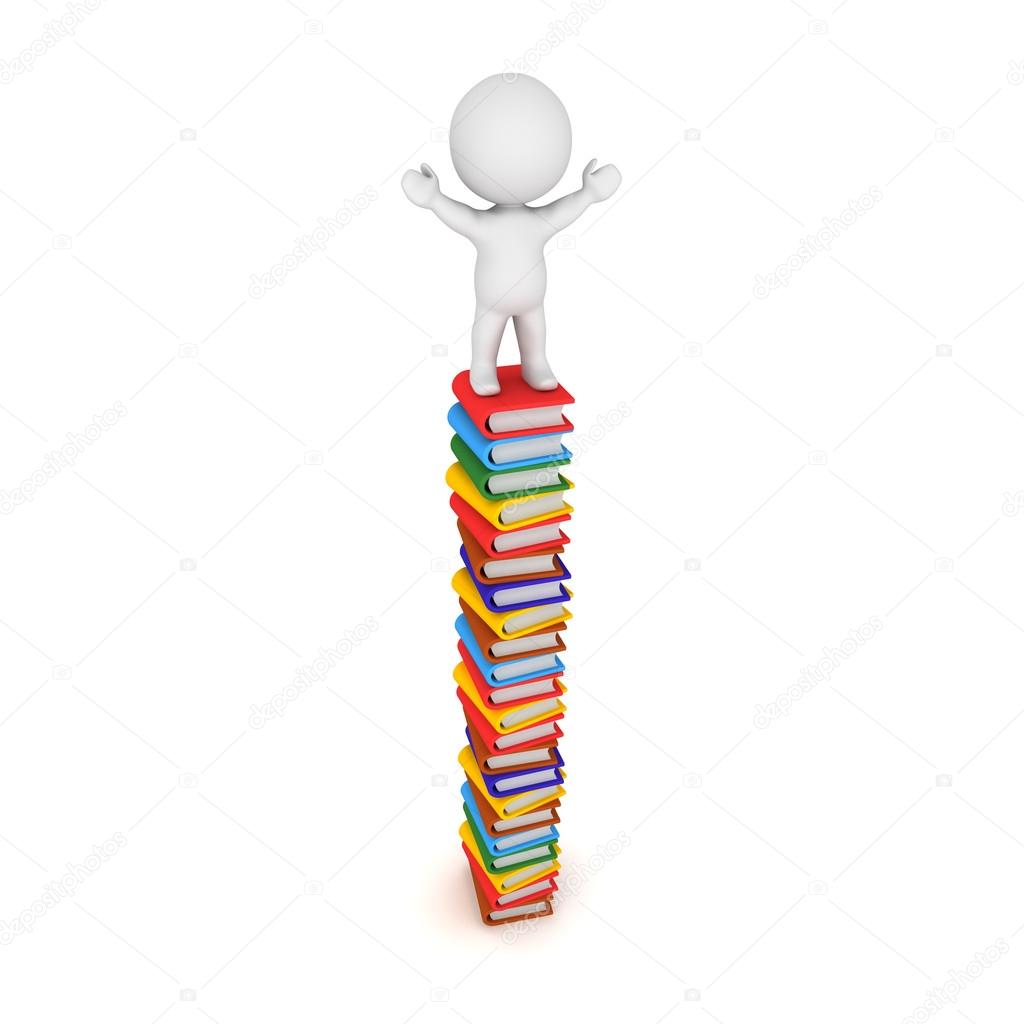 3D Character Standing With Arms Raised on Tall Stack of Books