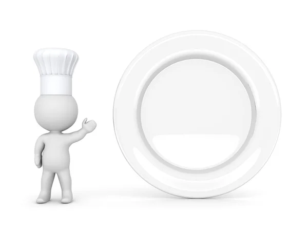 3D-Figur mit Kochmütze zeigt großen leeren weißen Teller — Stockfoto