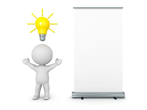 3D Character with Idea Light Bulb and Rollup Poster — Stock Photo, Image