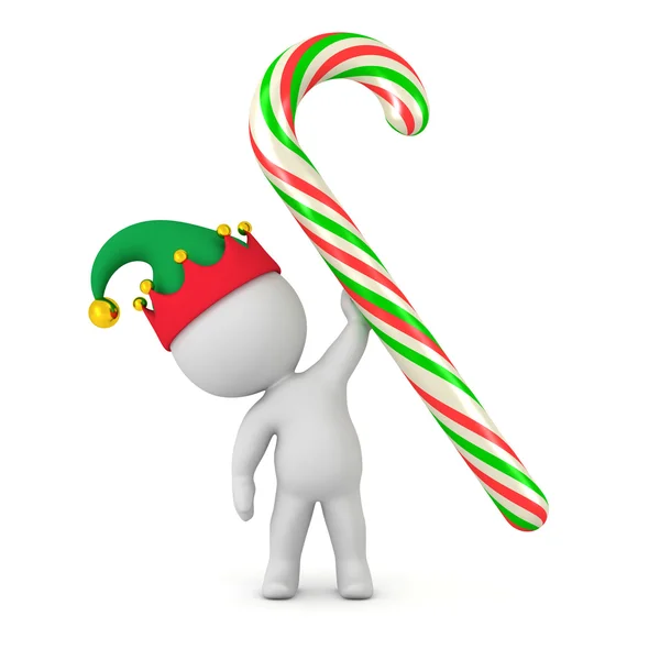 3D Character with Elf Hat Holding Large Candy Cane — Stock Photo, Image