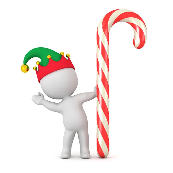 3D Character with Elf Hat Waving from behind Large Candy Cane — Zdjęcie stockowe