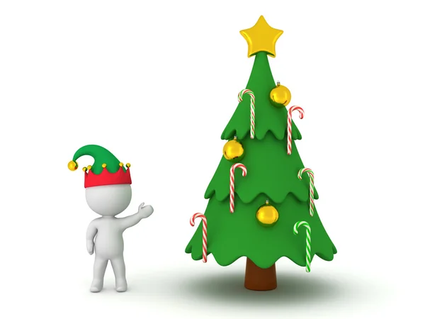 Personagem 3D mostrando árvore de Natal com bastões de doces — Fotografia de Stock