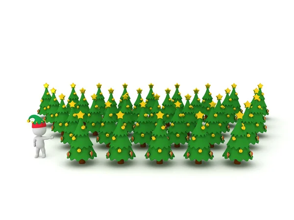 3D Character with Elf Hat Showing Many Christmas Trees — стокове фото