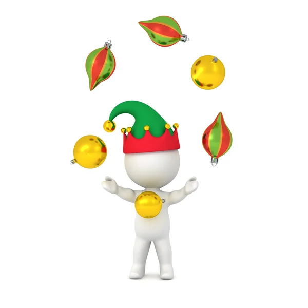 3D Character with Elf Hat Juggling Decorative Globes — Stock Photo, Image