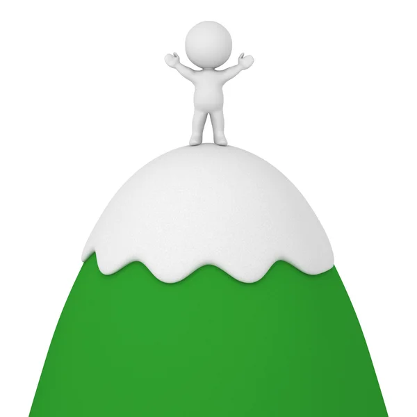 3D Character Standing with Arms Raised on Top of Cartoonish Moun — 图库照片