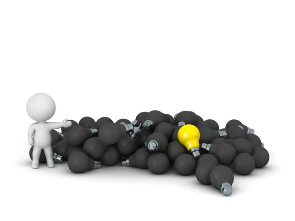 Personagem 3D mostrando pilha de lâmpadas escuras e um amarelo Lig — Fotografia de Stock
