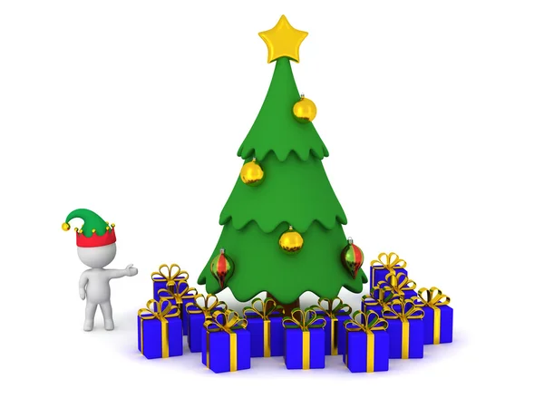 3D Character Showing Cartoonish Christmas Tree with Wrapped Gift — Zdjęcie stockowe