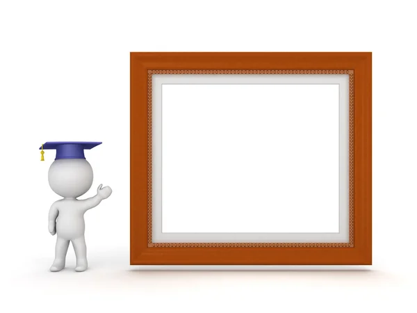 3D персонаж с выпускной шляпой, показывающий большую дипломную рамку — стоковое фото