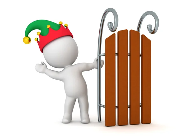 3D Character with Elf Hat Waving from behind Toy Sled — Stock Photo, Image