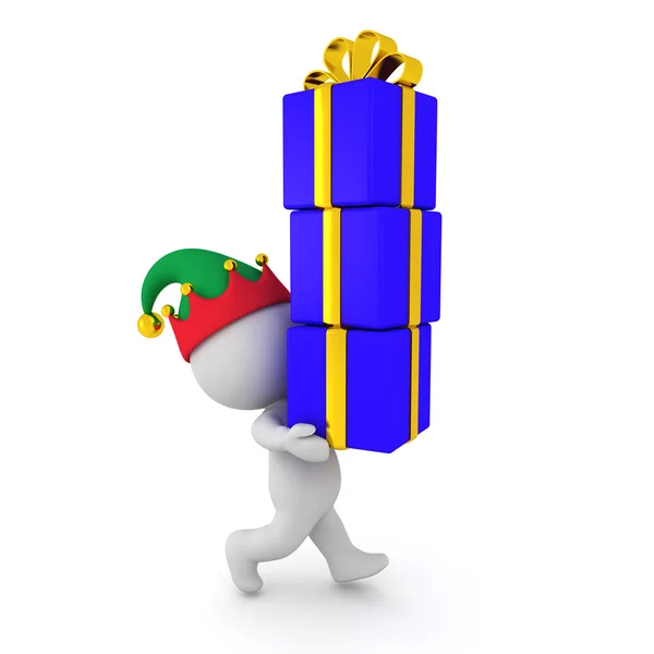 3D Character with Elf Hat Carrying Wrapped Gifts — Stok fotoğraf