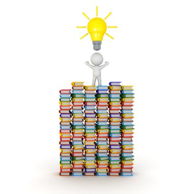 3D Character Standing on Many Colorful Books has Light Bulb Idea