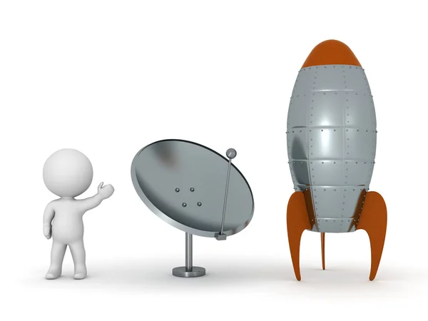 3D персонаж показывает параболическую антенну блюдо и ракета — стоковое фото