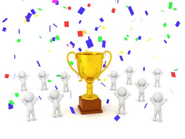 Konfeti ve birçok 3d karakterler fo atlama ile 3D Altın Kupa