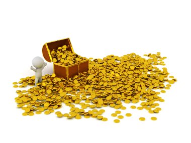 3D Character with Treasure Chest and Many Golden Coins clipart