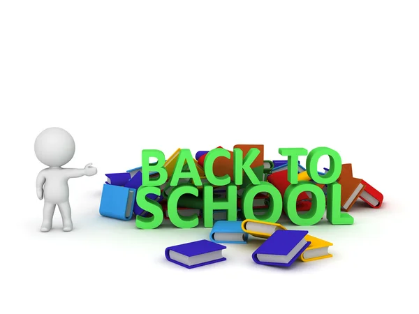 Personagem 3D com texto Back to School e livros coloridos — Fotografia de Stock