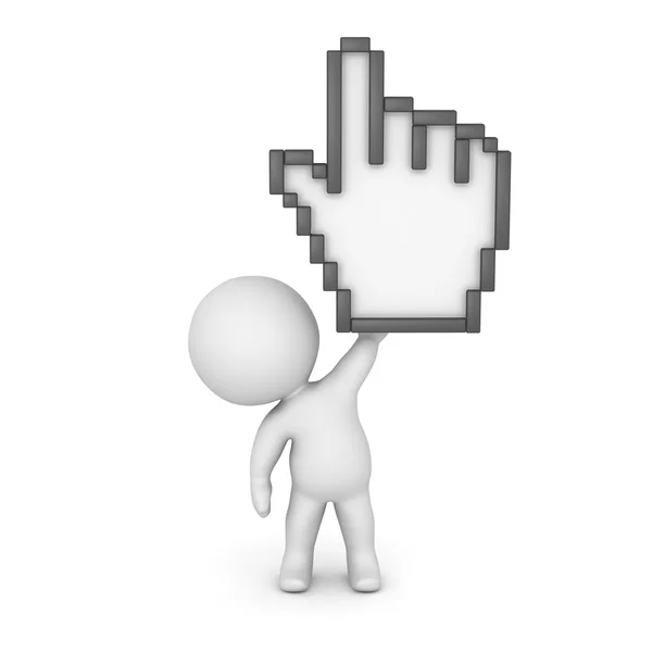 3D Character Holding a Large Click Hand Cursor — Stock Photo, Image