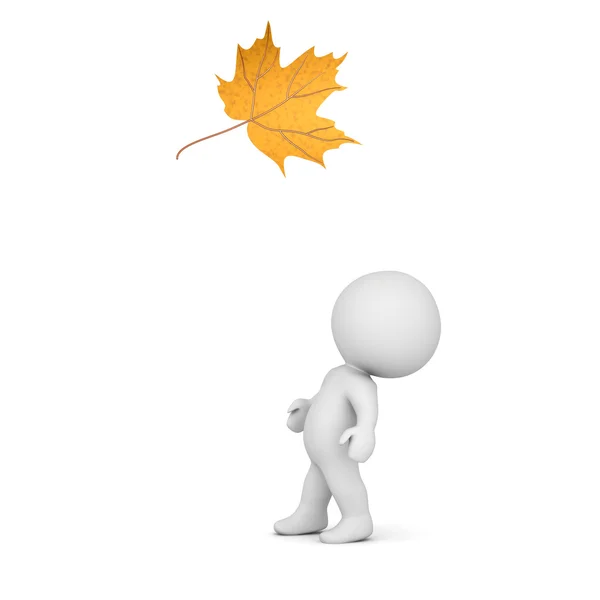 3D Character Looking Up at Autumn Leaf — Stock Photo, Image