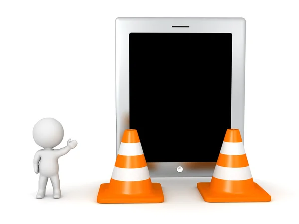Personagem 3D mostrando grande Tablet e Orange Road Cones — Fotografia de Stock