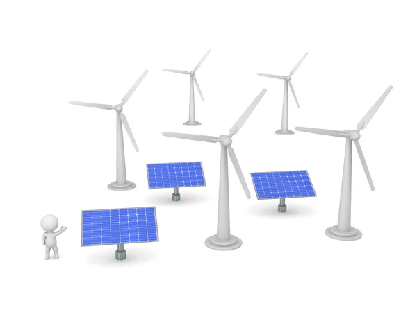 Personagem 3D mostrando painéis solares e turbinas eólicas — Fotografia de Stock