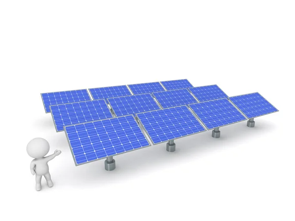 Personaje 3D mostrando matriz de paneles solares —  Fotos de Stock