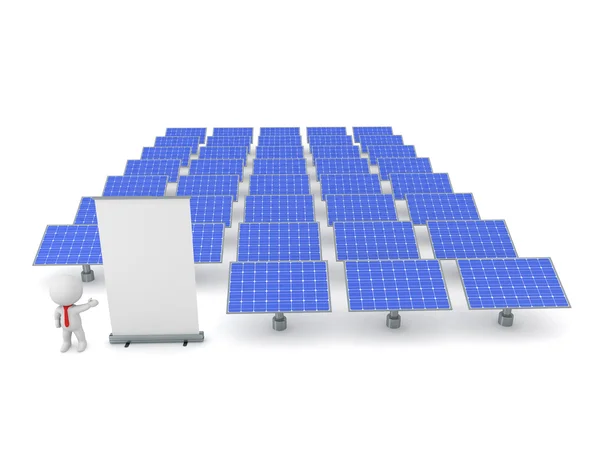 Empresario de Carácter 3D Mostrando un Cartel de Rollup y Panel Solar —  Fotos de Stock