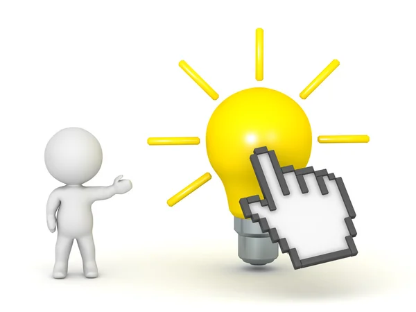 3D Character Showing Click on Light Bulb Idea — Stock Photo, Image