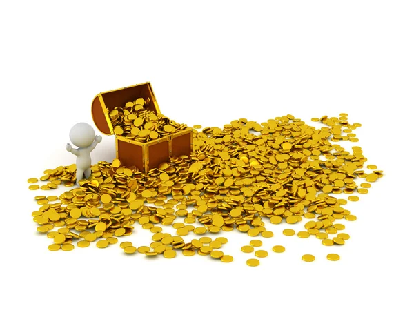 Personaje 3D con cofre del tesoro y muchas monedas de oro — Foto de Stock