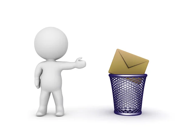 Personaje 3D mostrando cesta de basura y sobre de correo — Foto de Stock