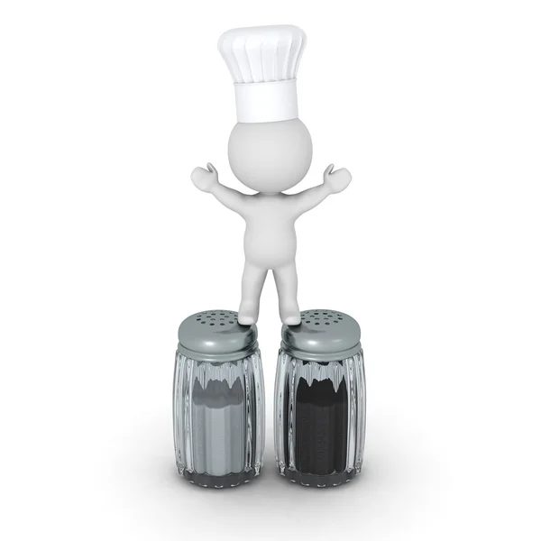 Personaje 3D con Chef Sombrero de pie sobre Salt y Pepper Shakers — Foto de Stock