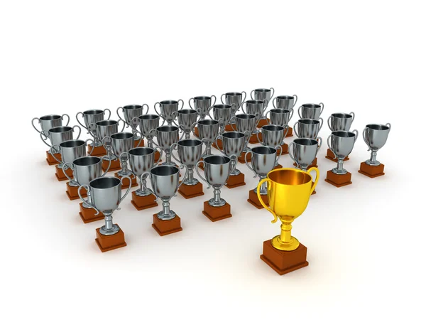 3D Silver Trophies and One Gold Trophy — Stock Photo, Image