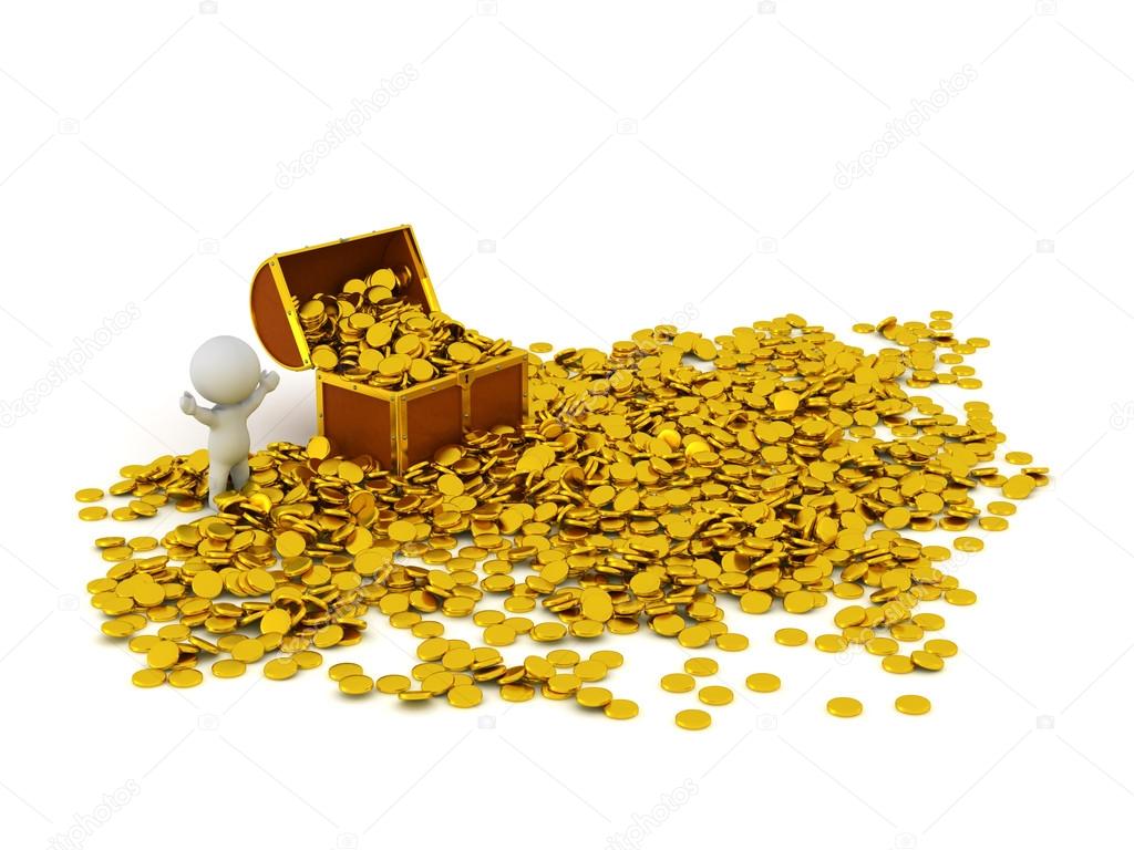 3D Character with Treasure Chest and Many Golden Coins