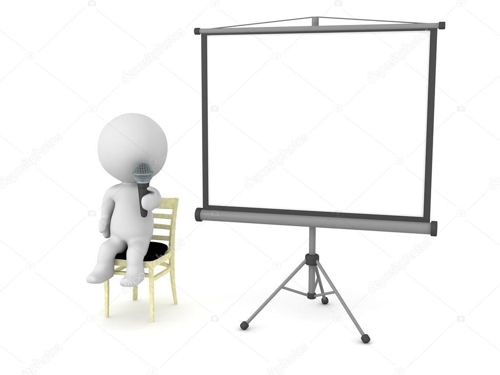 3D Character sitting on chair with microphone and projector scre