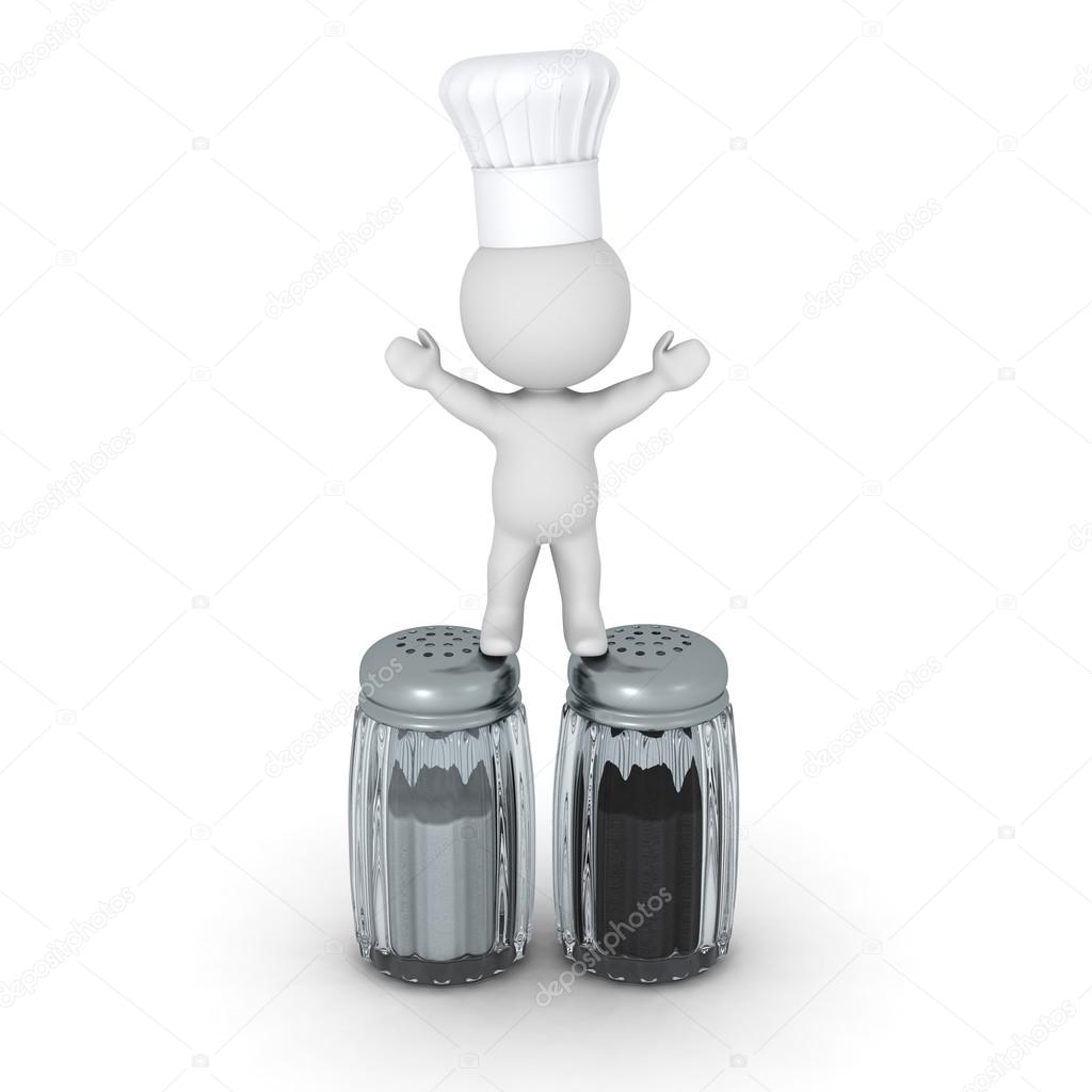 3D Character with Chef Hat Standing on Salt and Pepper Shakers
