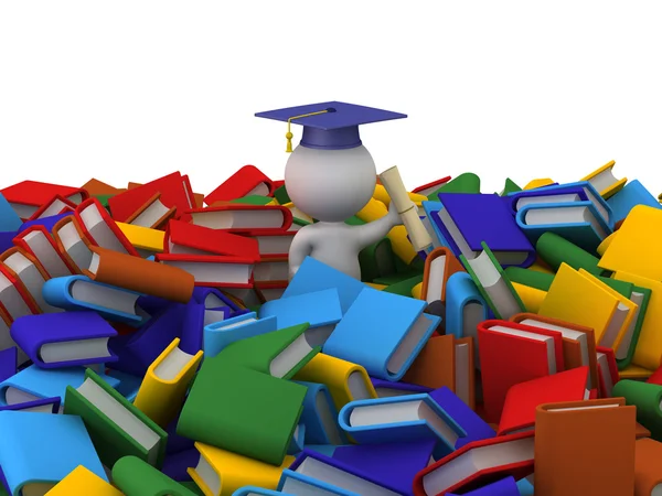Personaje 3D con sombrero de graduación, diploma y pila de muchos colores —  Fotos de Stock