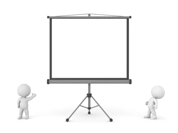 Small 3D Character Showing Large Projector Screen — Stock Image Small 3D Character Showing Large Projector Screen Stock Image