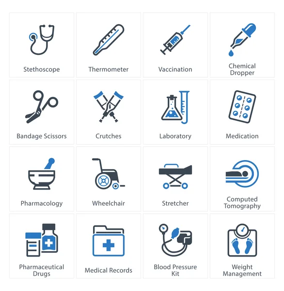 Conjunto de iconos médicos y de atención médica 1 - Equipo y suministros Ilustraciones de stock libres de derechos