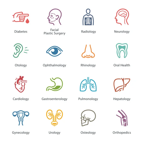 Icônes médicales et de soins de santé de couleur Set 1 - Spécialités — Image vectorielle