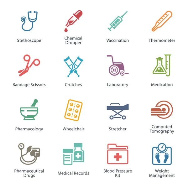 Conjunto de iconos médicos y sanitarios coloreados 1 - Equipo y suministros — Vector de stock